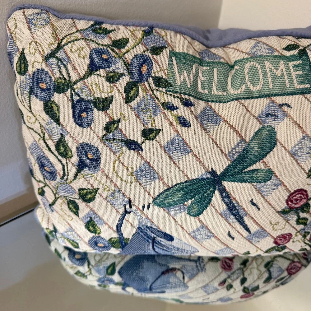 Vintage Tapestry Welcome Pillow Dragonfly Roses‎ Cottage Country Garden Decor
